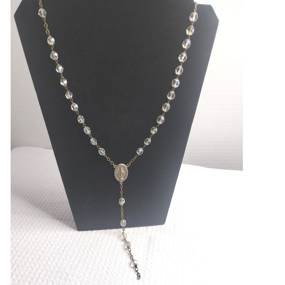 Vintage Miraculous Medal Rosary Necklace Clear AB Faceted Glass Beads Gold Tone